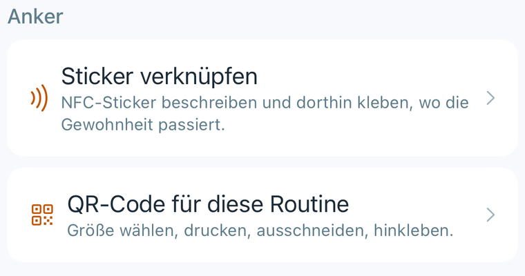 Der Anker-Abschnitt in den Einstellungen einer Routine, mit Sticker verknüpfen und QR-Code drucken