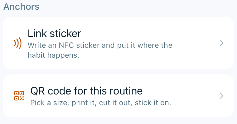 The anchor section in a routine’s settings, with sticker linking and QR printing