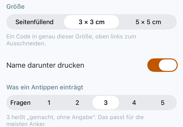 Der Druck-Bildschirm: der Anker schreibt entweder einen festen Wert oder fragt beim Antippen nach